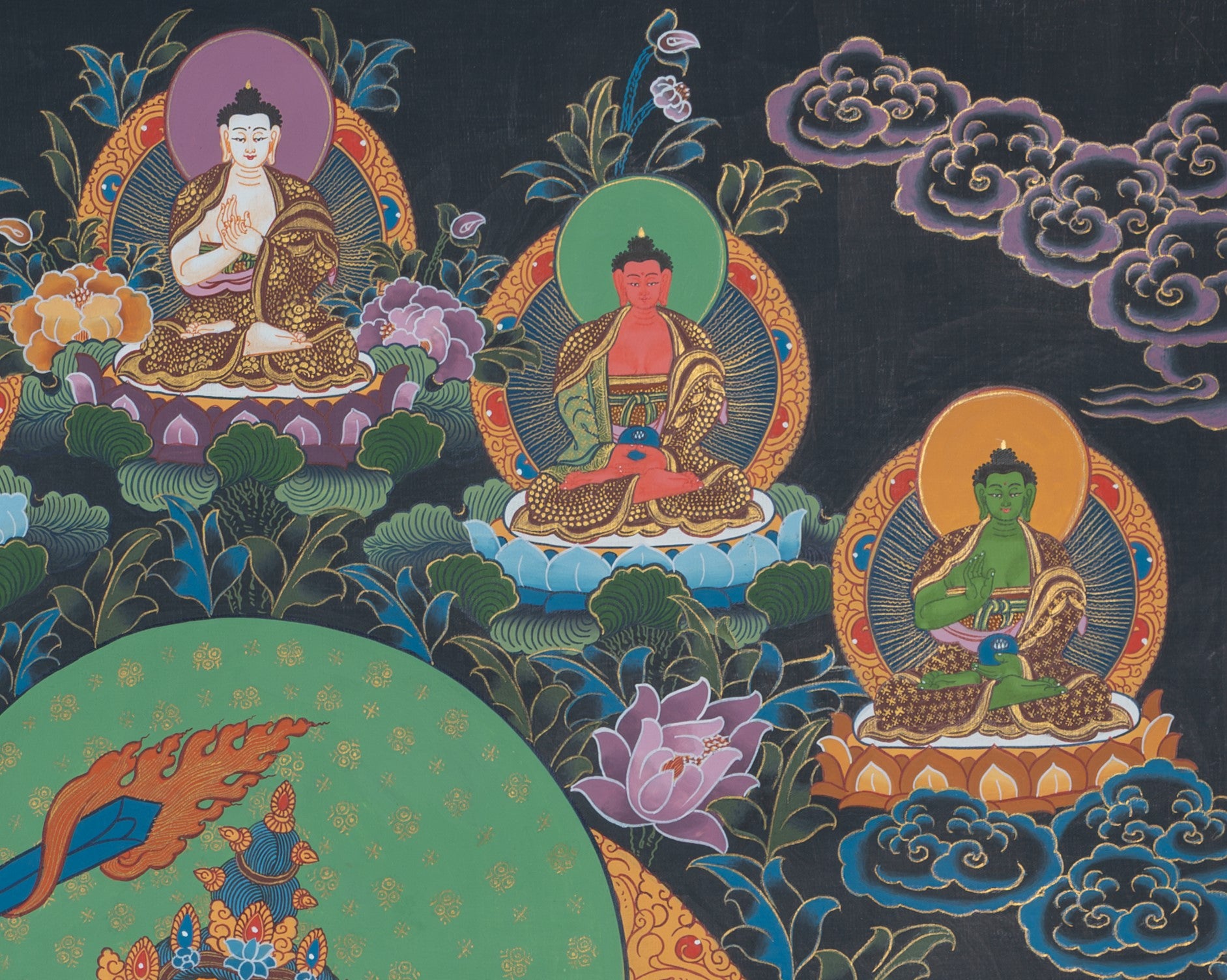 The Golden Lord of Wisdom: Manjushri Thangka Painting - T-S-BT-RB-AU-M-0025