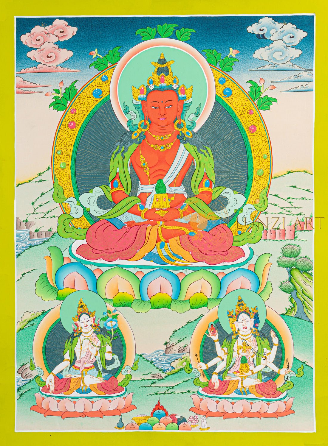 Amitayus Thangka: The Golden Buddha of Infinite Life and Merit - T-N-ET-GB-AU-A-0106