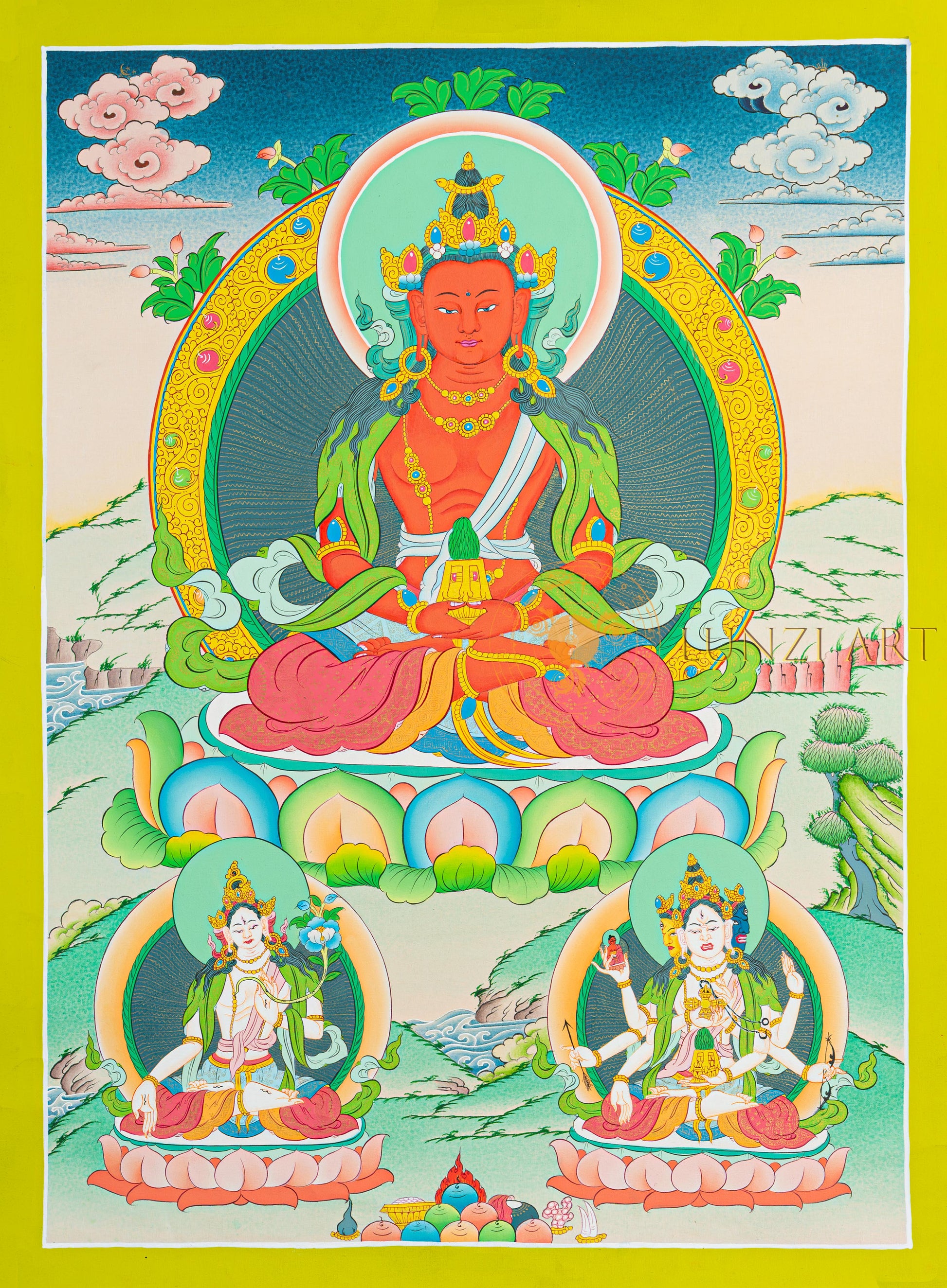 Amitayus Thangka: The Golden Buddha of Infinite Life and Merit - T-N-ET-GB-AU-A-0106