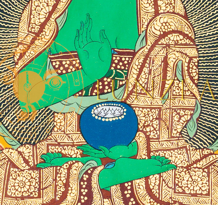 Amoghasiddhi Thangka: The Green Buddha of Fearless Action - T-B-HT-BB-A-0055