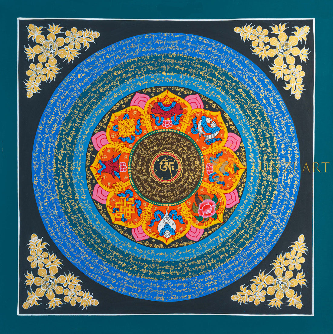 Ashtamangala Om Mantra Mandala | Hand-Painted Auspicious Sacred Art - T-N-ET-RB-OMM-0058