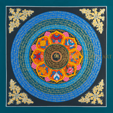 Ashtamangala Om Mantra Mandala | Hand-Painted Auspicious Sacred Art - T-N-ET-RB-OMM-0058