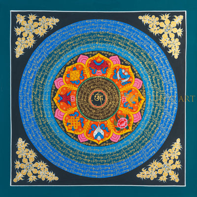 Ashtamangala Om Mantra Mandala | Hand-Painted Auspicious Sacred Art - T-N-ET-RB-OMM-0058