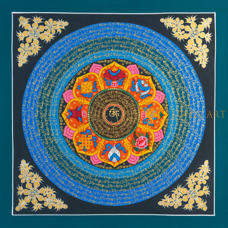 Ashtamangala Om Mantra Mandala | Hand-Painted Auspicious Sacred Art - T-N-ET-RB-OMM-0058