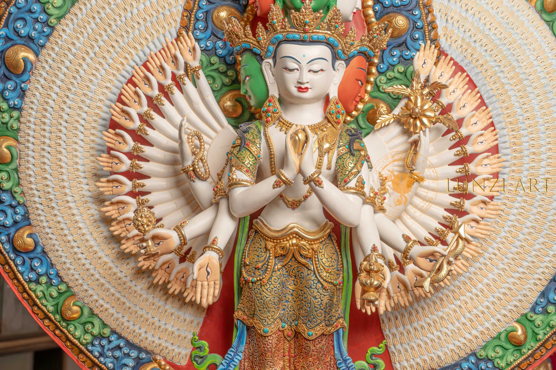 Avalokiteshvara Statue | Gold Plated with Full Coloured Body - S-P-SS-PG-C-TAA-00191