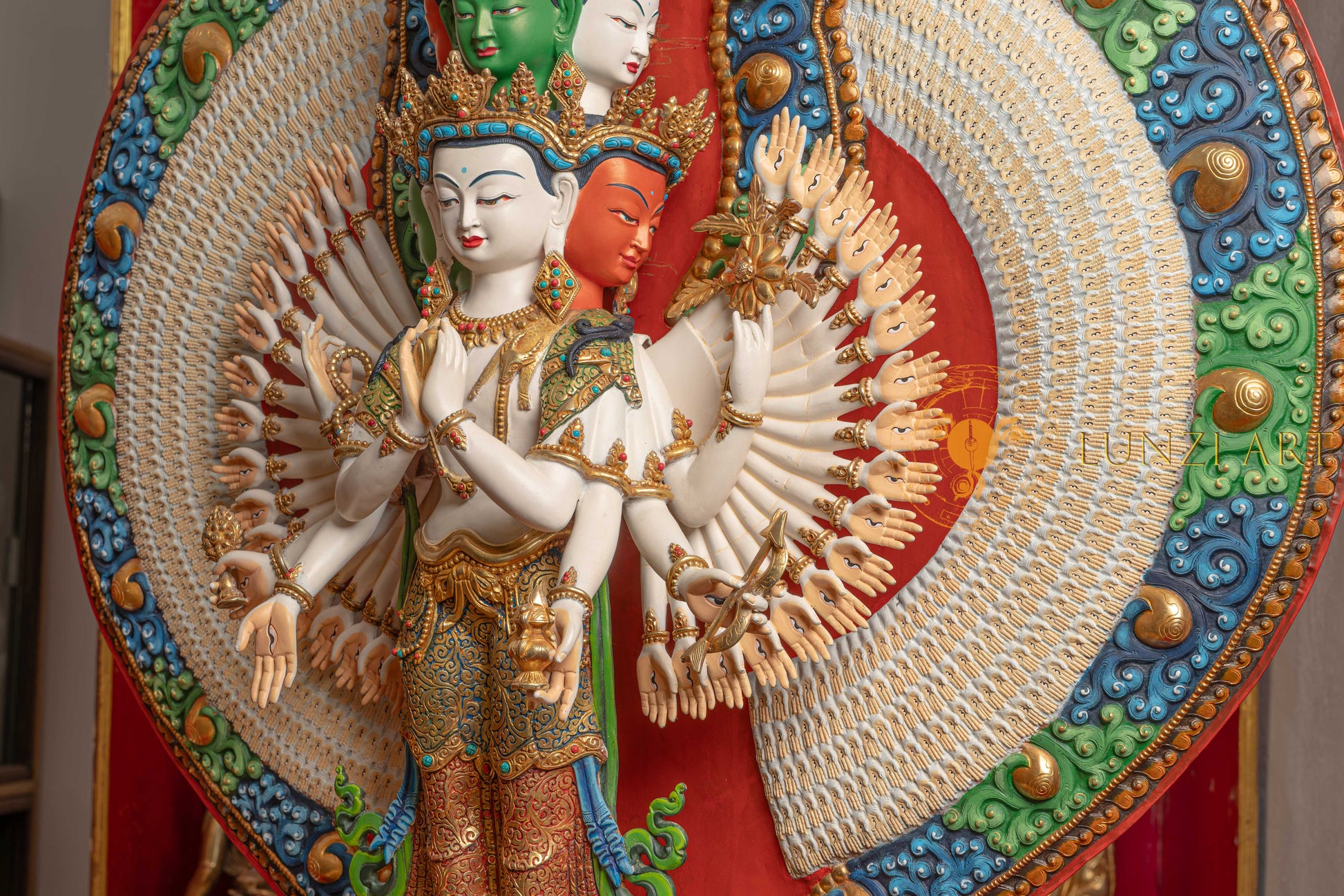 Avalokiteshvara Statue | Gold Plated with Full Coloured Body - S-P-SS-PG-C-TAA-00191