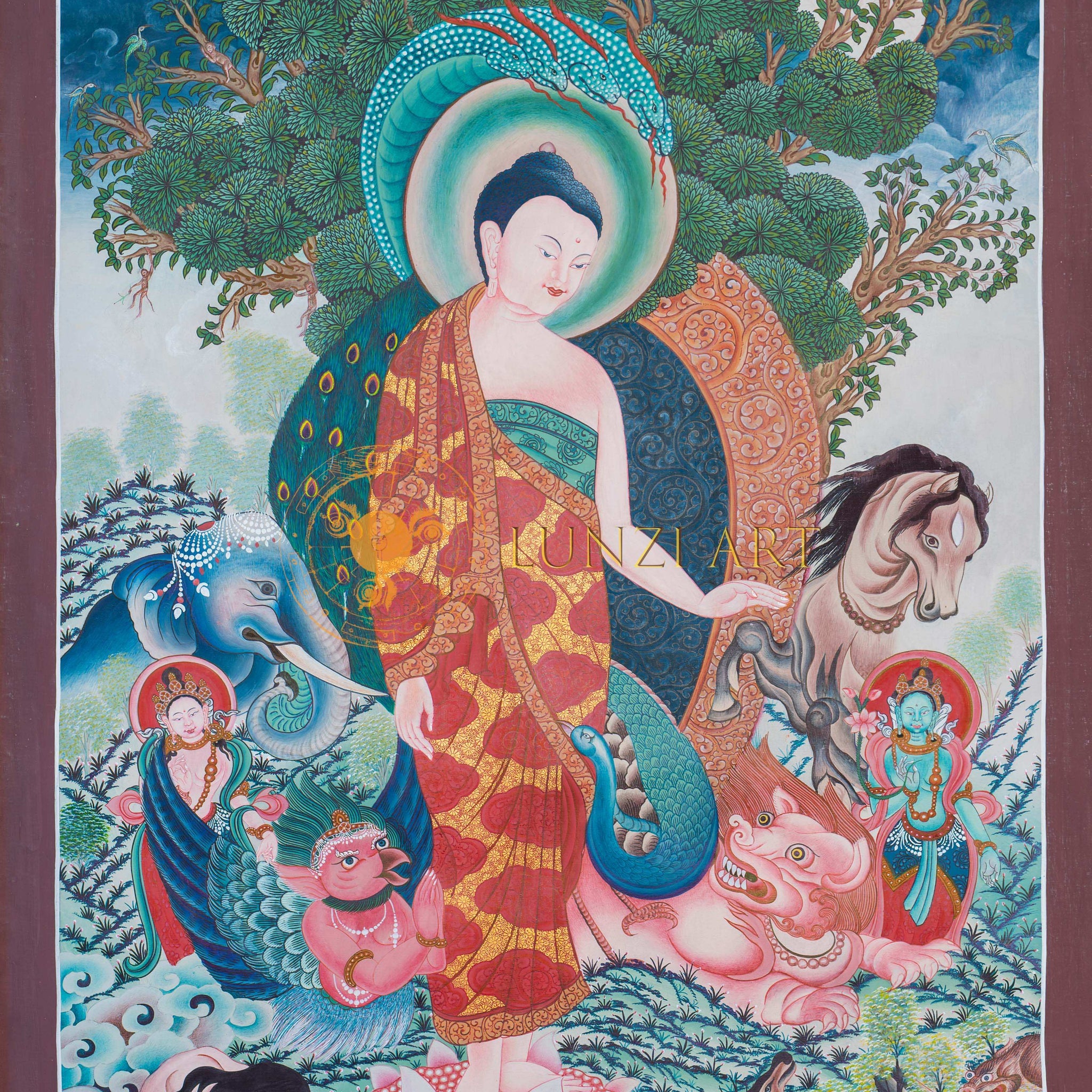 Buddha Paubha Amidst the Seven Jewels of Royalty - Thangka