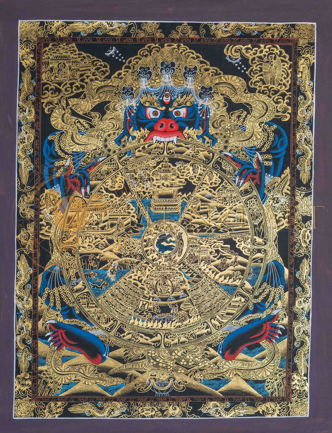 The Golden Bhavachakra Thangka: Cosmic Wheel of Existence - T-PS-SS-BB-WOL-62
