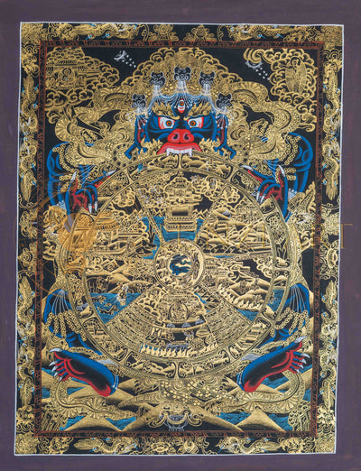 The Golden Bhavachakra Thangka: Cosmic Wheel of Existence - T-PS-SS-BB-WOL-62