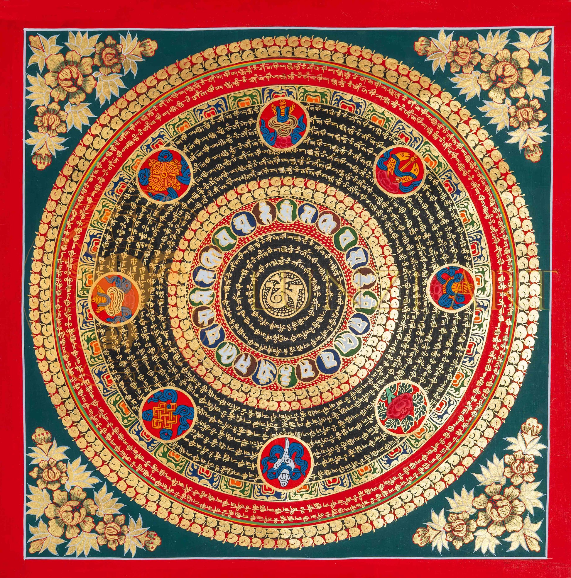 Hand-painted Emerald Mantra Mandala Thangka of the Sacred Path - T-PS-SS-BB-OMM-77