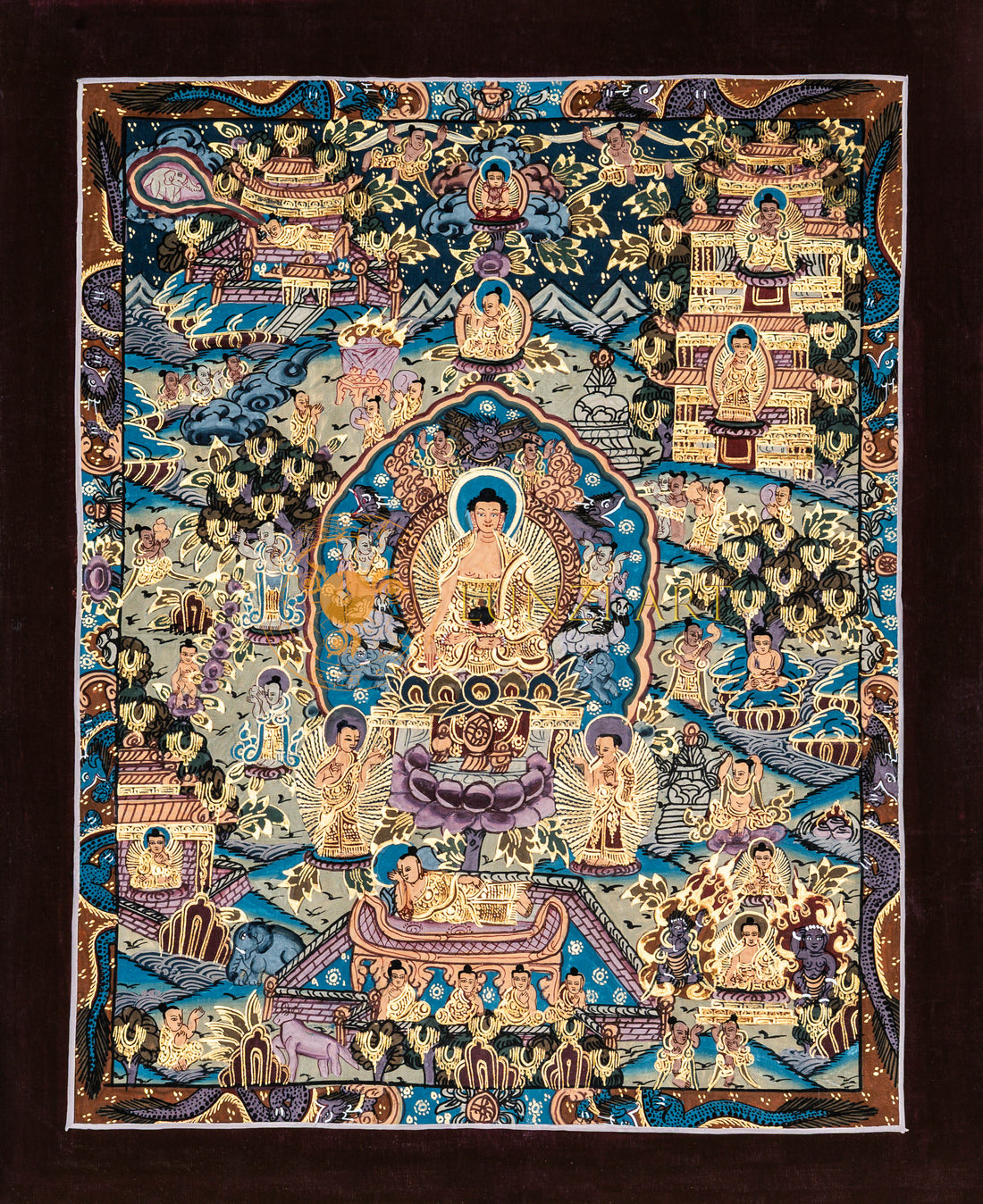 Hand-Painted Life of Shakyamuni Buddha Thangka: Journey to Awakening - T-B-HT-BB-BL-0042