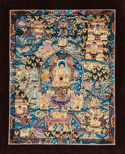 Hand-Painted Life of Shakyamuni Buddha Thangka: Journey to Awakening - T-B-HT-BB-BL-0042