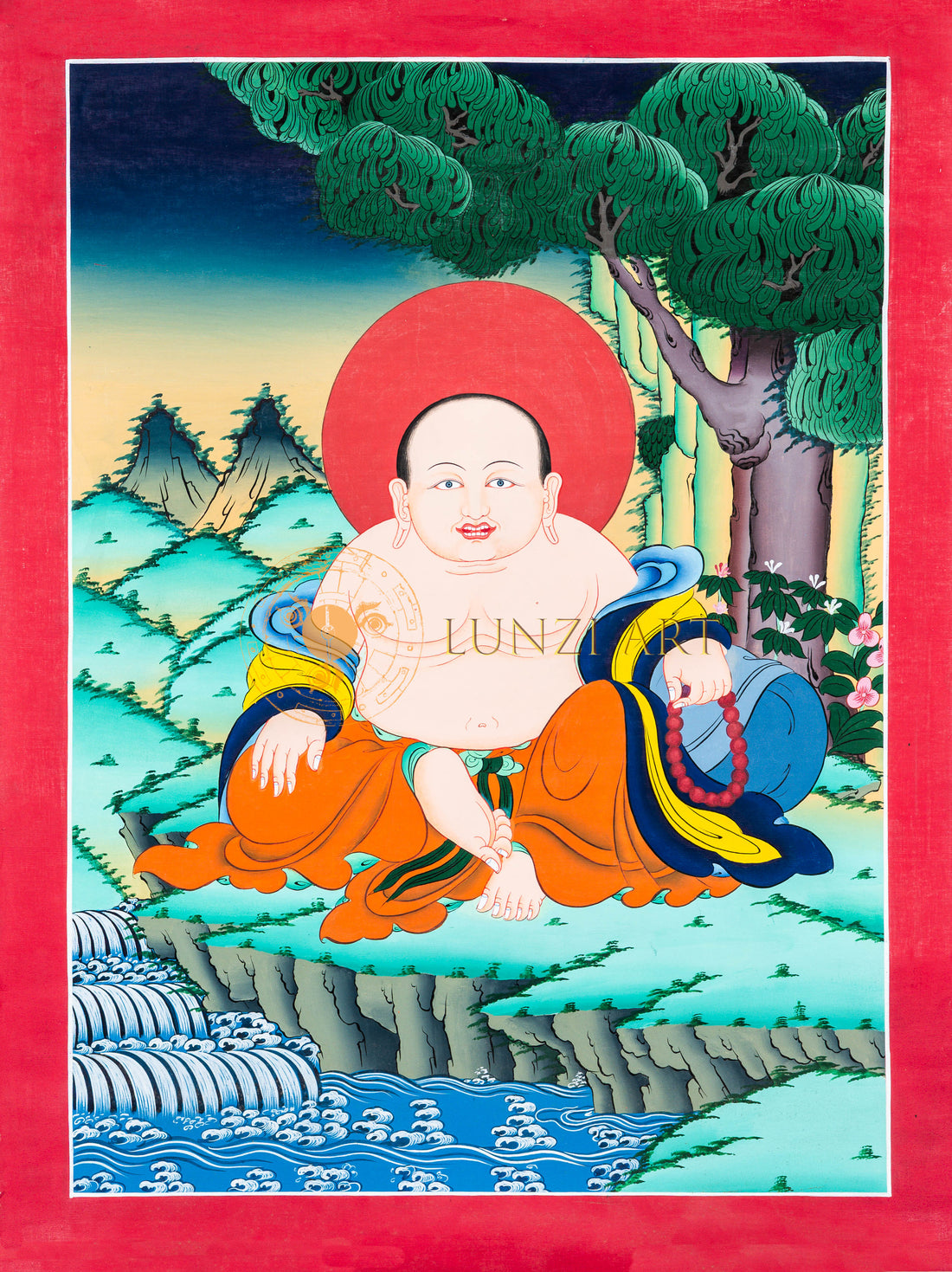 The Benevolent Guardian: Hand-Painted Hotei (Laughing Buddha) Thangka - T-L-HT-RB-LB-0046