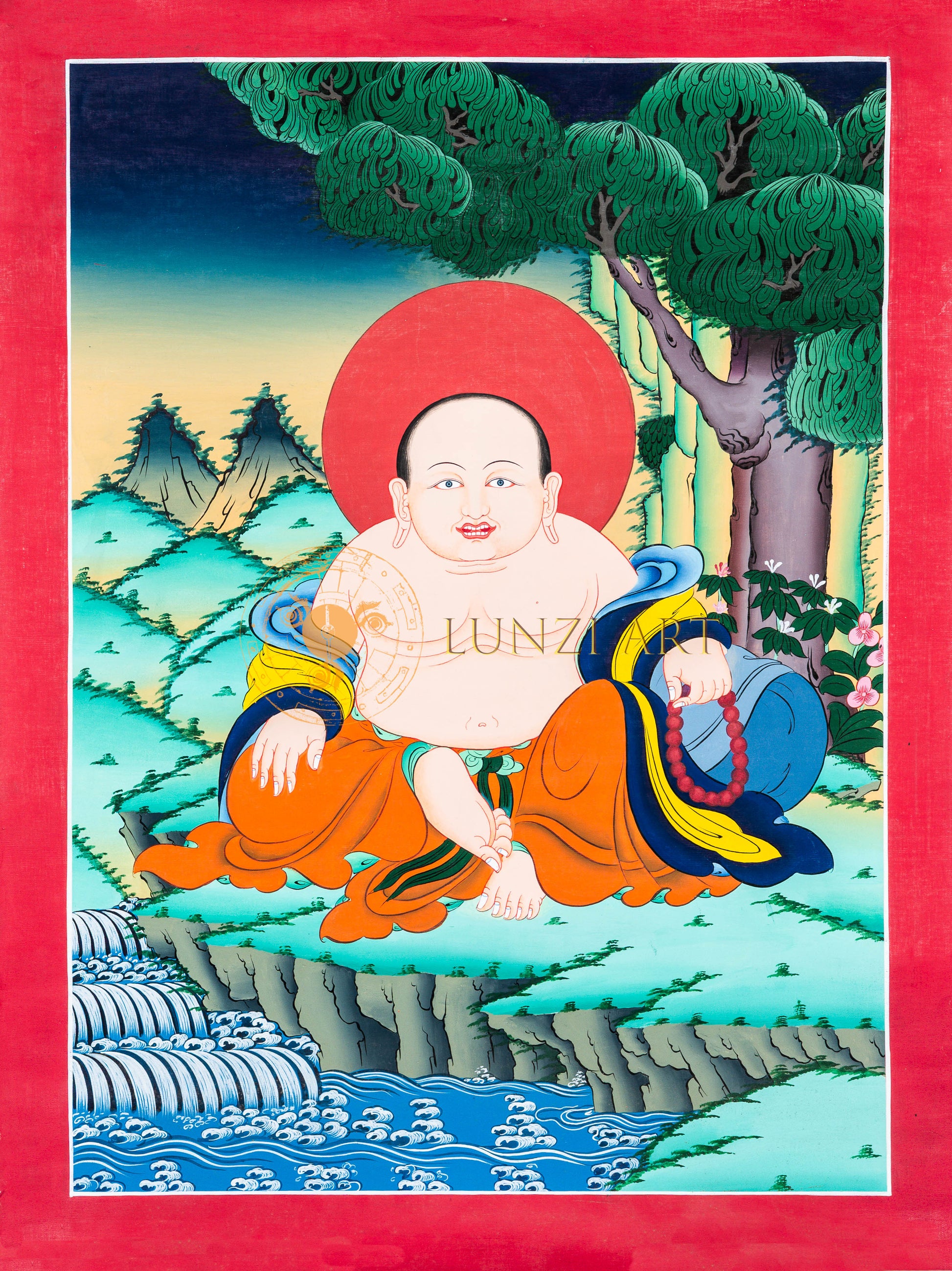 The Benevolent Guardian: Hand-Painted Hotei (Laughing Buddha) Thangka - T-L-HT-RB-LB-0046