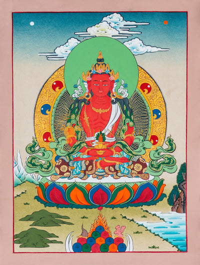 Amitayus Thangka: The Ruby Lord of Infinite Life - T-B-HT-CB-A-0056