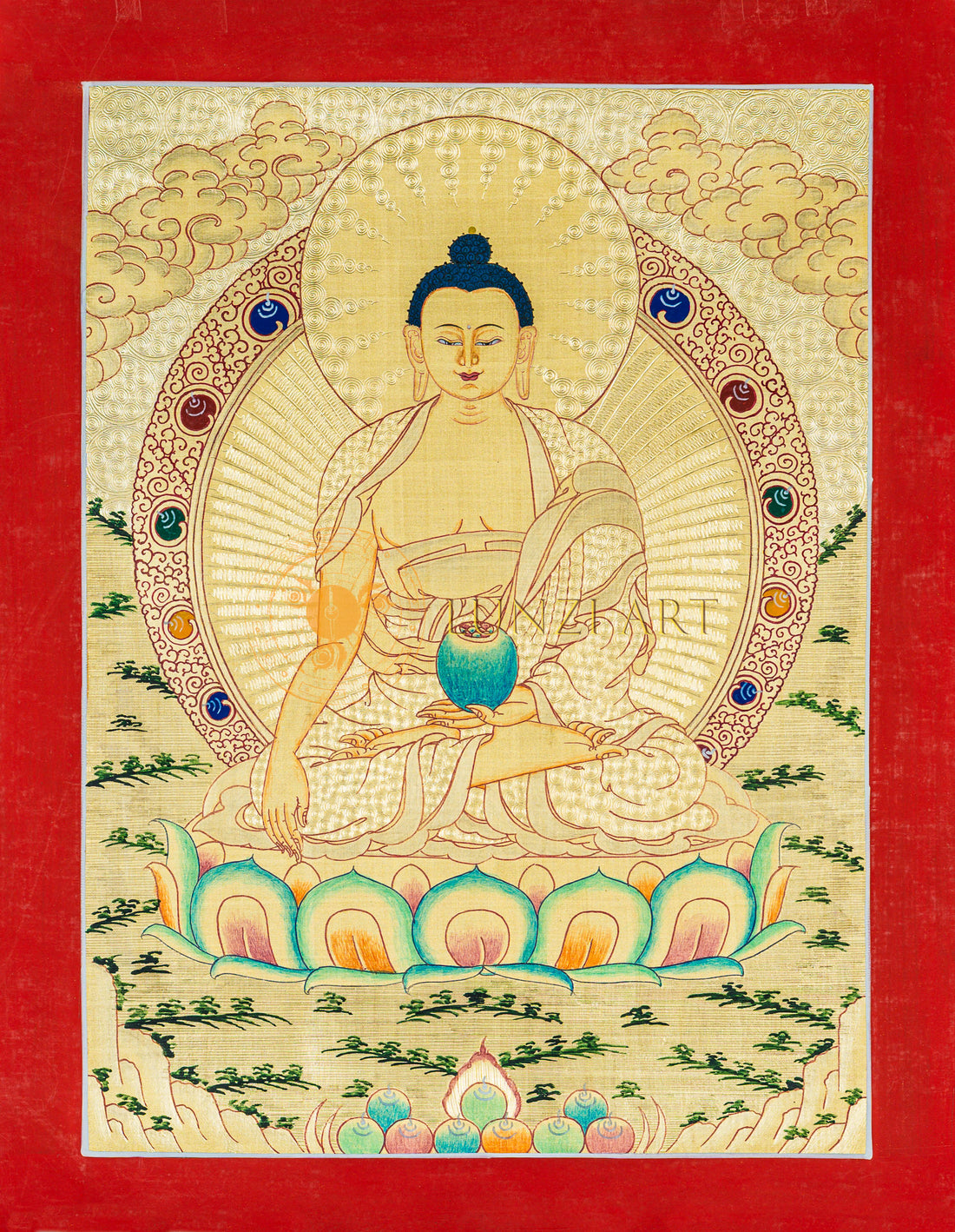 Shakyamuni Buddha Thangka: The Golden Radiance of Enlightenment - T-B-HT-RB-SB-0072