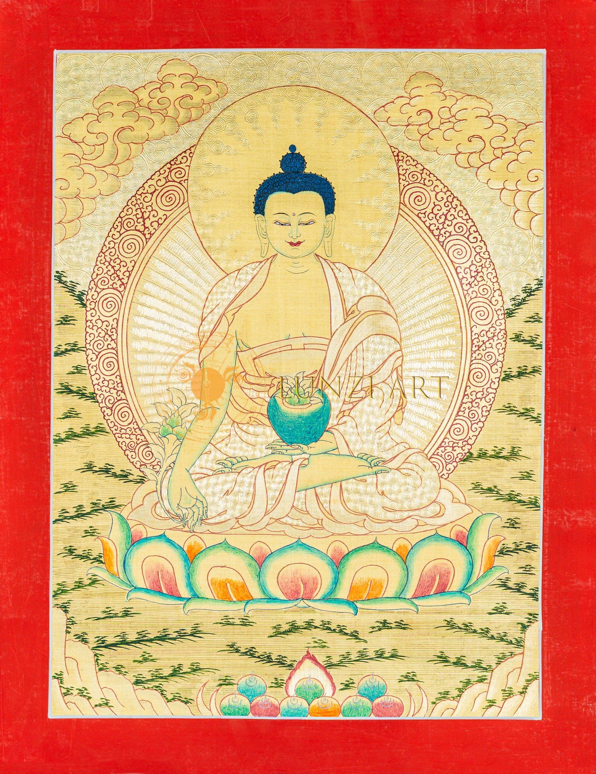 Medicine Buddha Thangka: The Lapis Lazuli Radiance of Healing - T-B-HT-RB-MB-0076