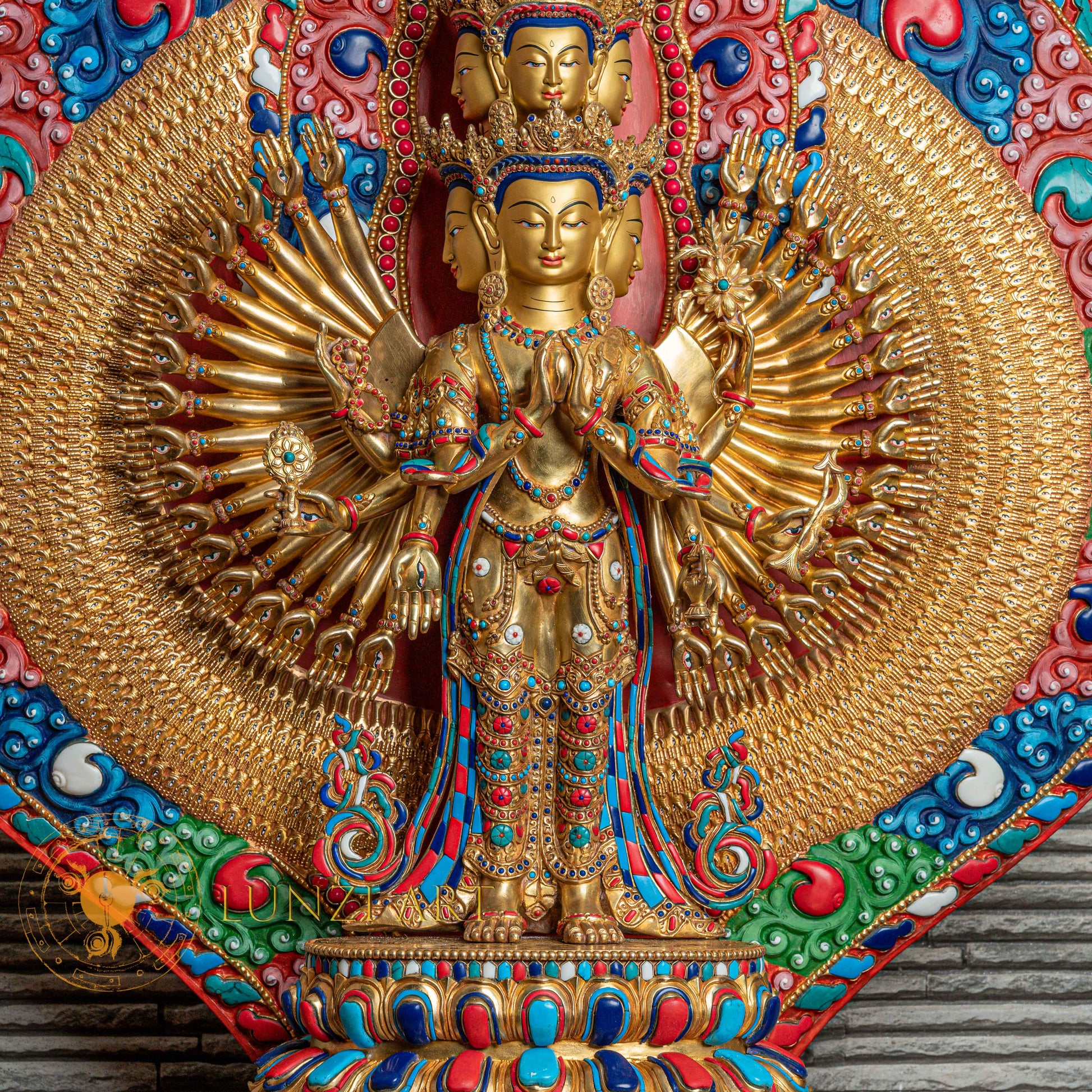 1000-Armed Avalokiteshvara Statue  | Half gold-plated copper with  coloured stone carving - S-B-SS-HG-C-TAA-00174