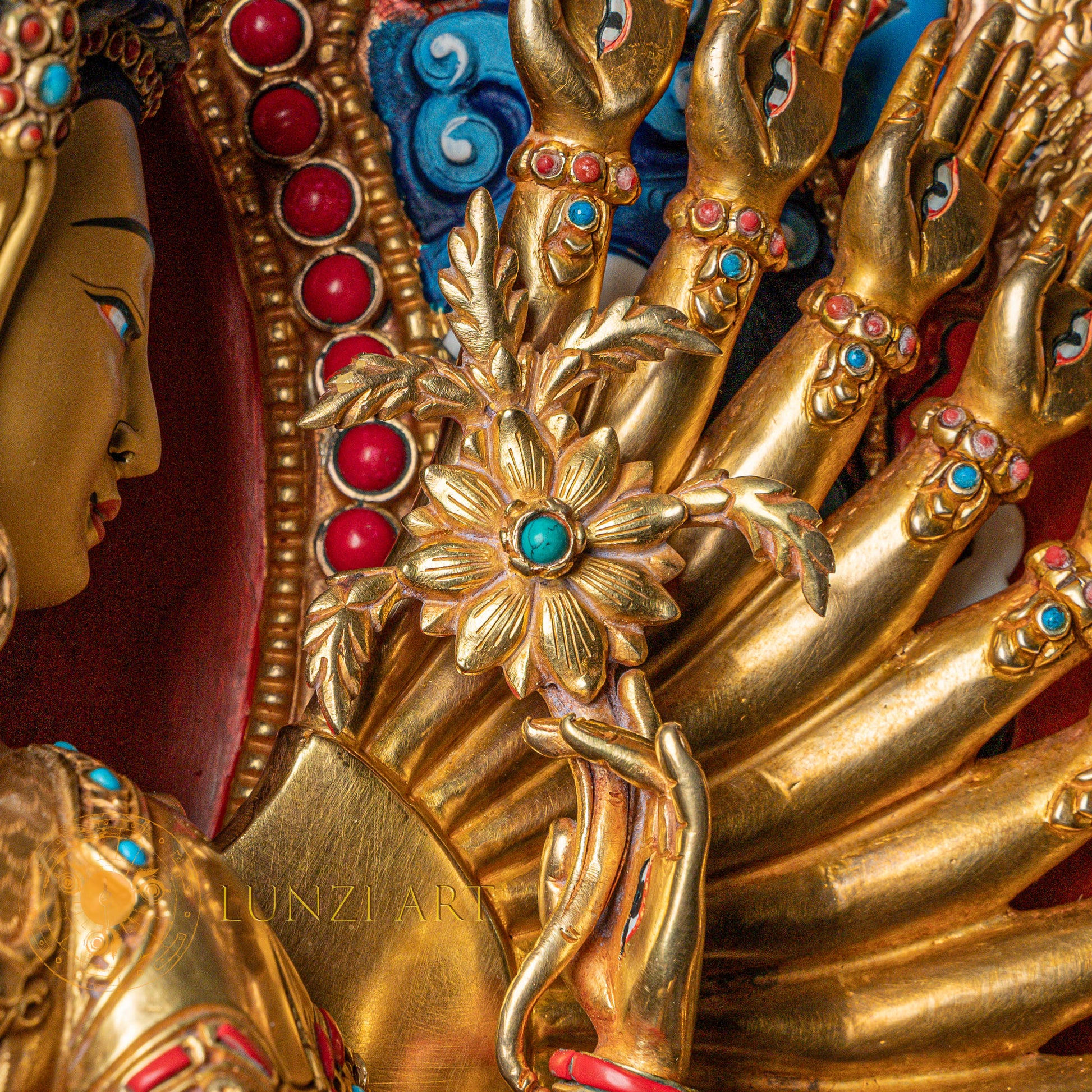 1000-Armed Avalokiteshvara Statue  | Half gold-plated copper with  coloured stone carving - S-B-SS-HG-C-TAA-00174
