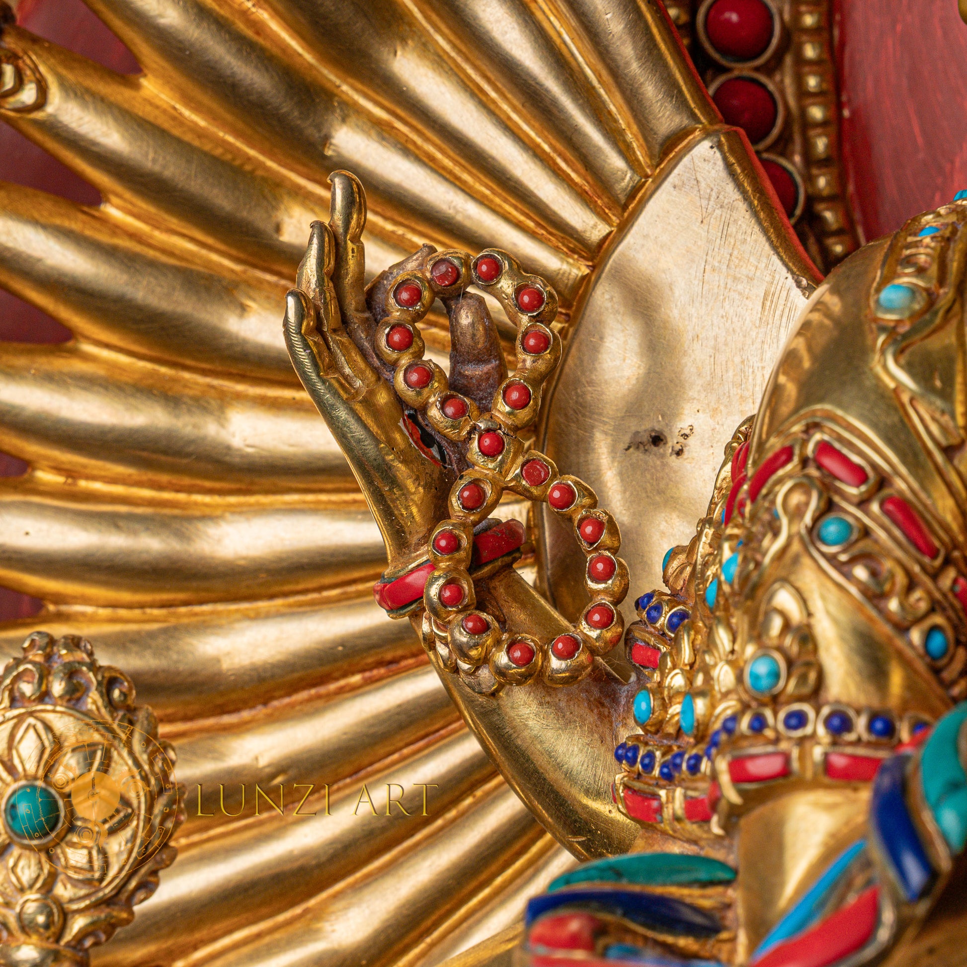 1000-Armed Avalokiteshvara Statue  | Half gold-plated copper with  coloured stone carving - S-B-SS-HG-C-TAA-00174