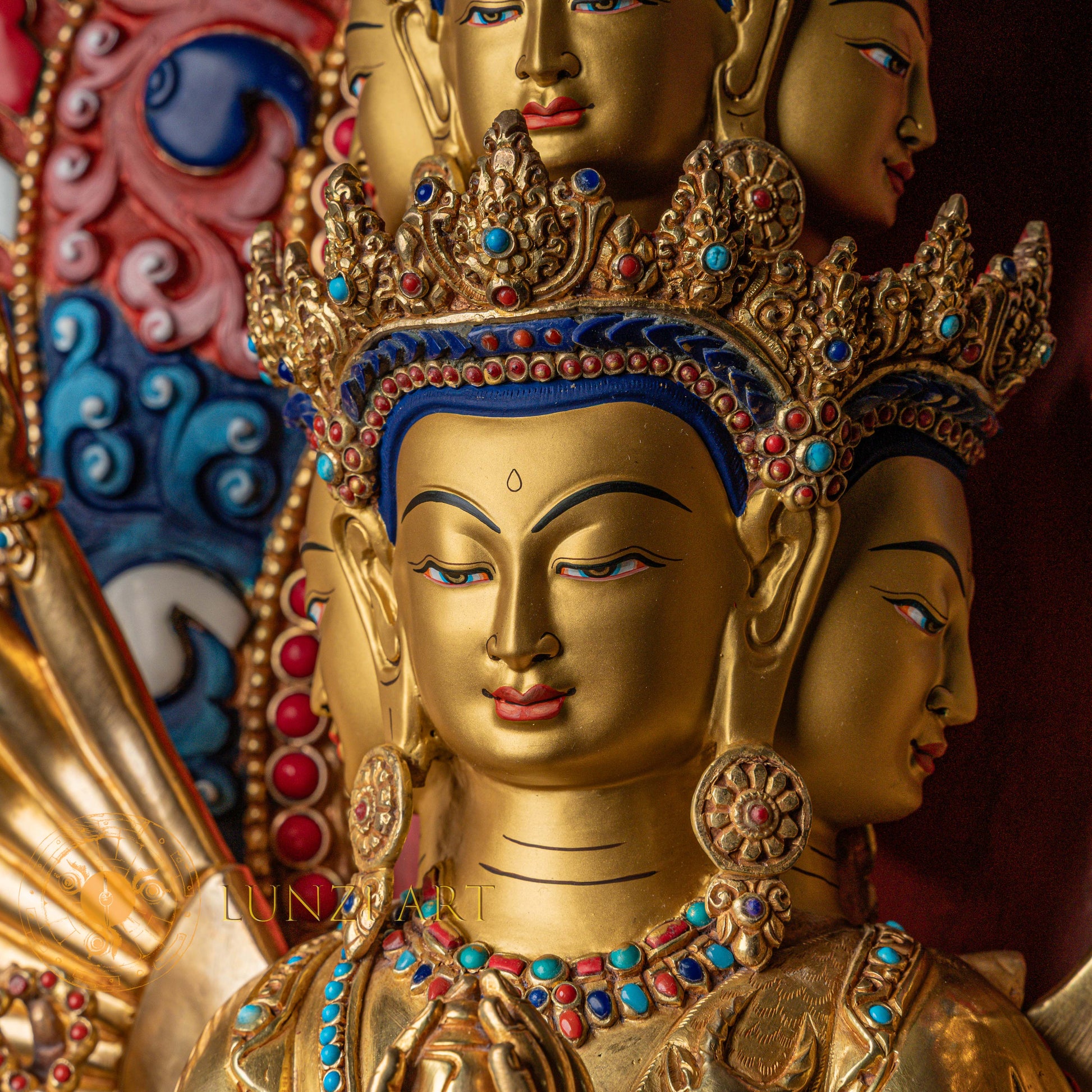 1000-Armed Avalokiteshvara Statue  | Half gold-plated copper with  coloured stone carving - S-B-SS-HG-C-TAA-00174