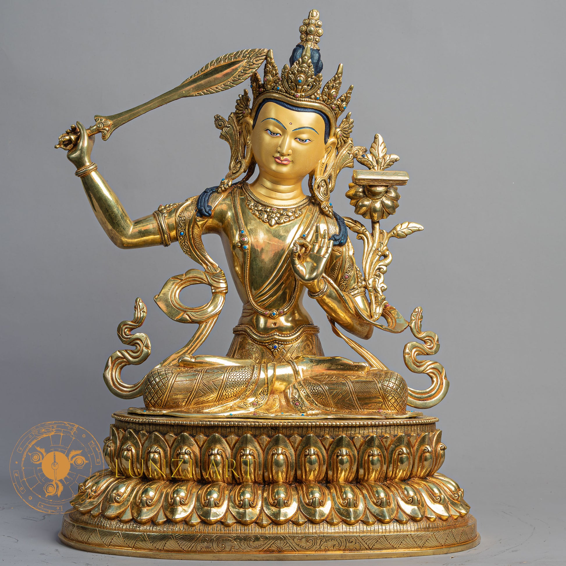 Handmade Manjushri Statue | Fully Gold-Plated Copper - S-B-BA-FG-C-M-00165