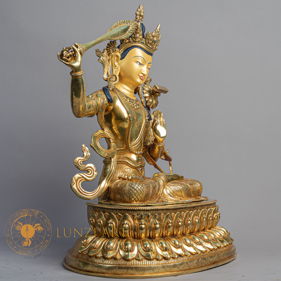 Handmade Manjushri Statue | Fully Gold-Plated Copper - S-B-BA-FG-C-M-00165