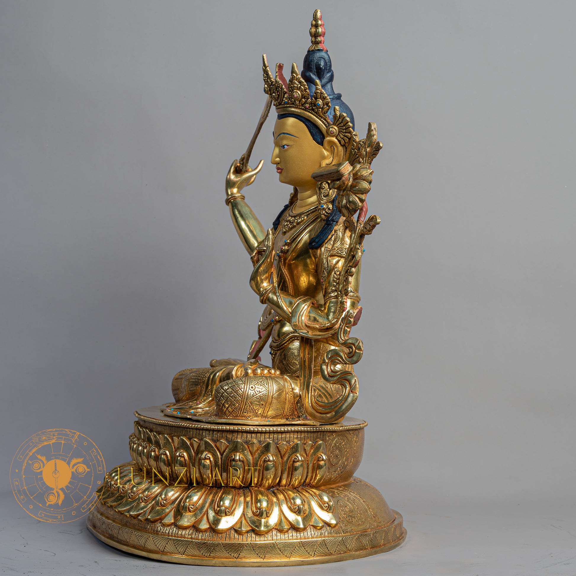 Handmade Manjushri Statue | Fully Gold-Plated Copper - S-B-BA-FG-C-M-00165