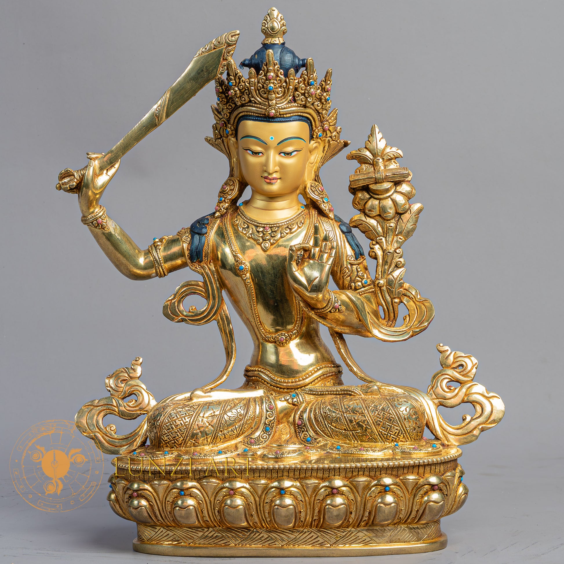 Handmade Manjushri Statue | Fully Gold-Plated Copper - S-B-BA-FG-C-M-00169