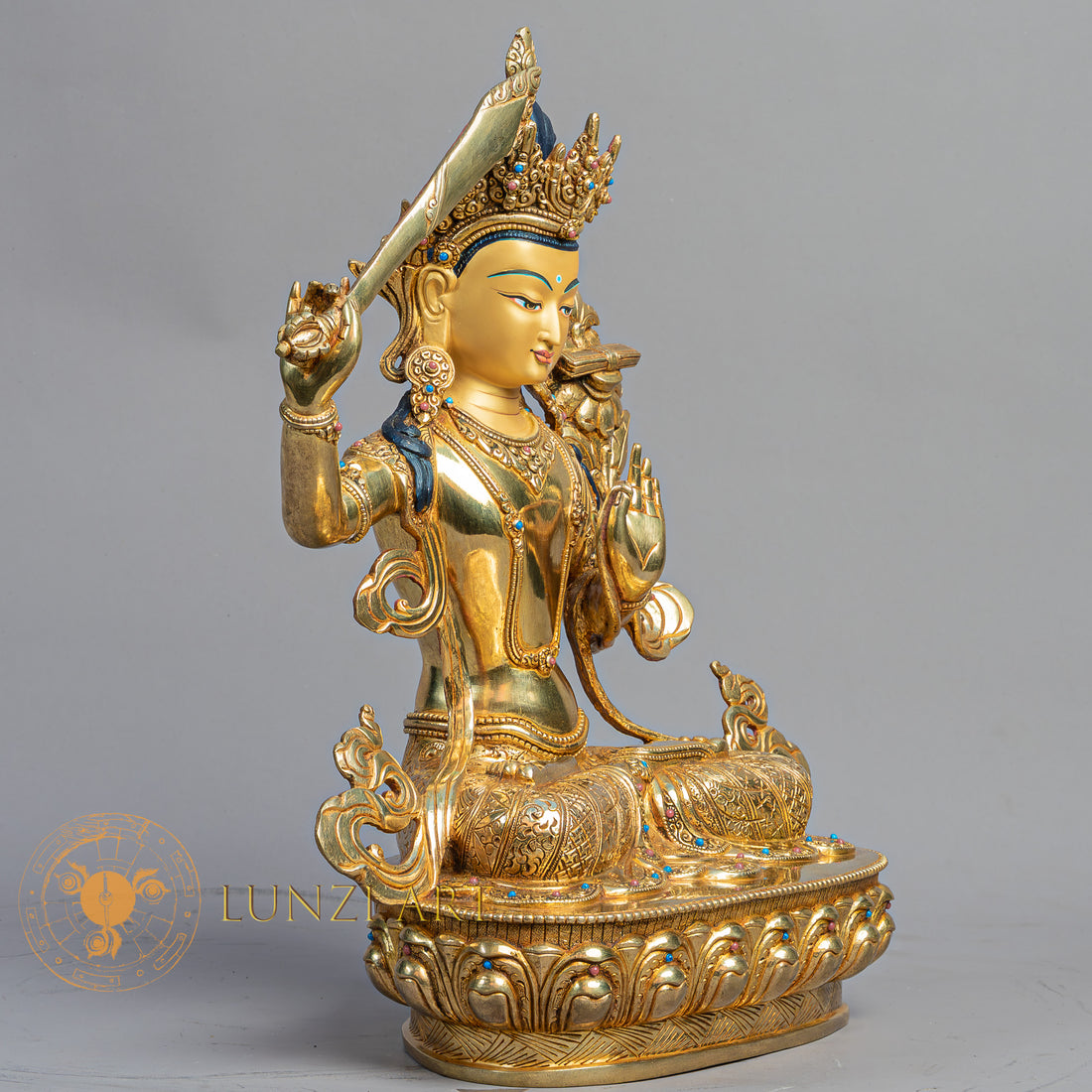 Handmade Manjushri Statue | Fully Gold-Plated Copper - S-B-BA-FG-C-M-00169