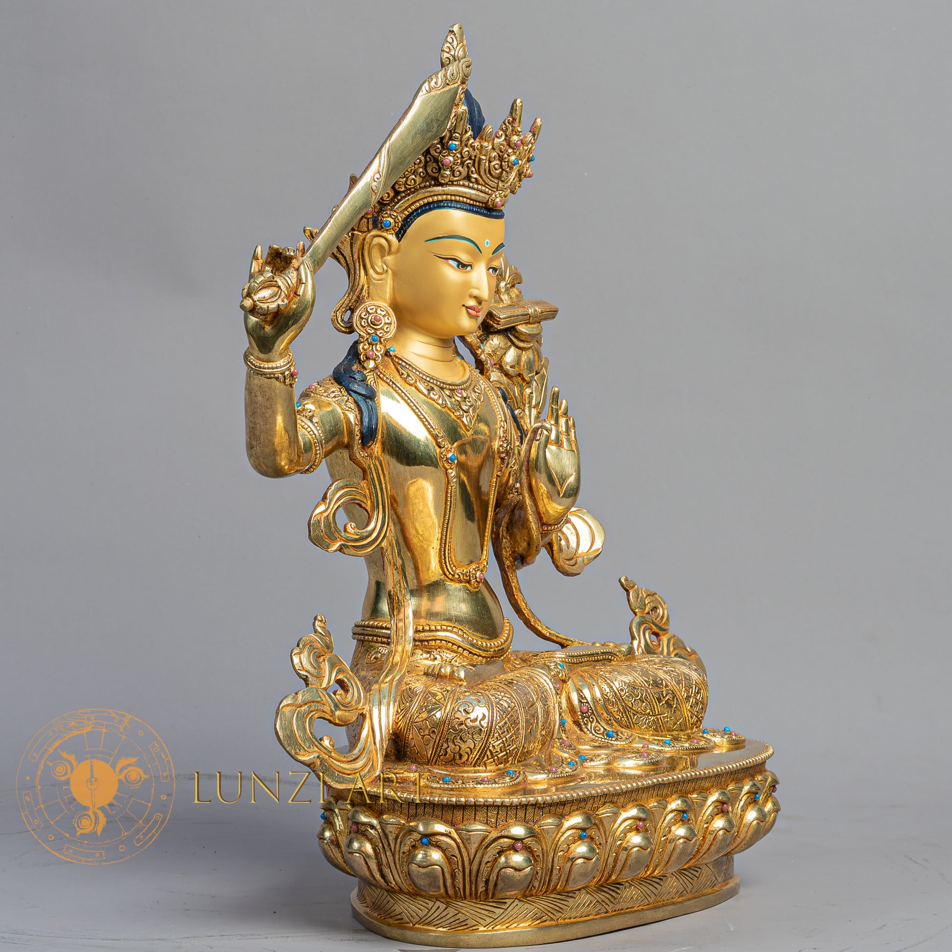 Handmade Manjushri Statue | Fully Gold-Plated Copper - S-B-BA-FG-C-M-00169