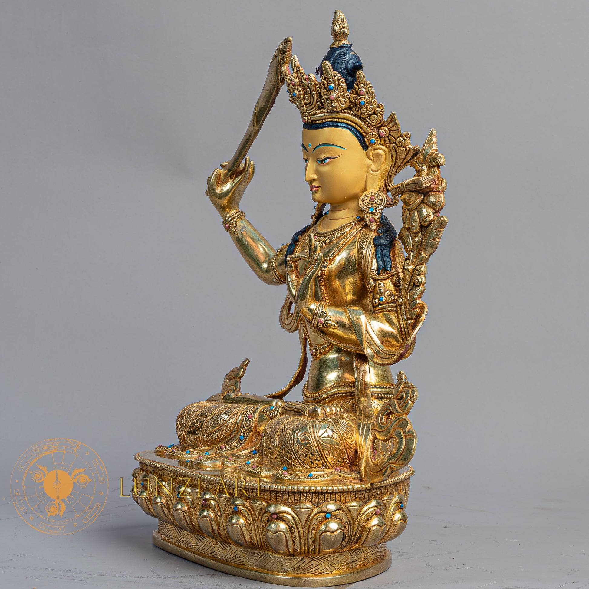 Handmade Manjushri Statue | Fully Gold-Plated Copper - S-B-BA-FG-C-M-00169
