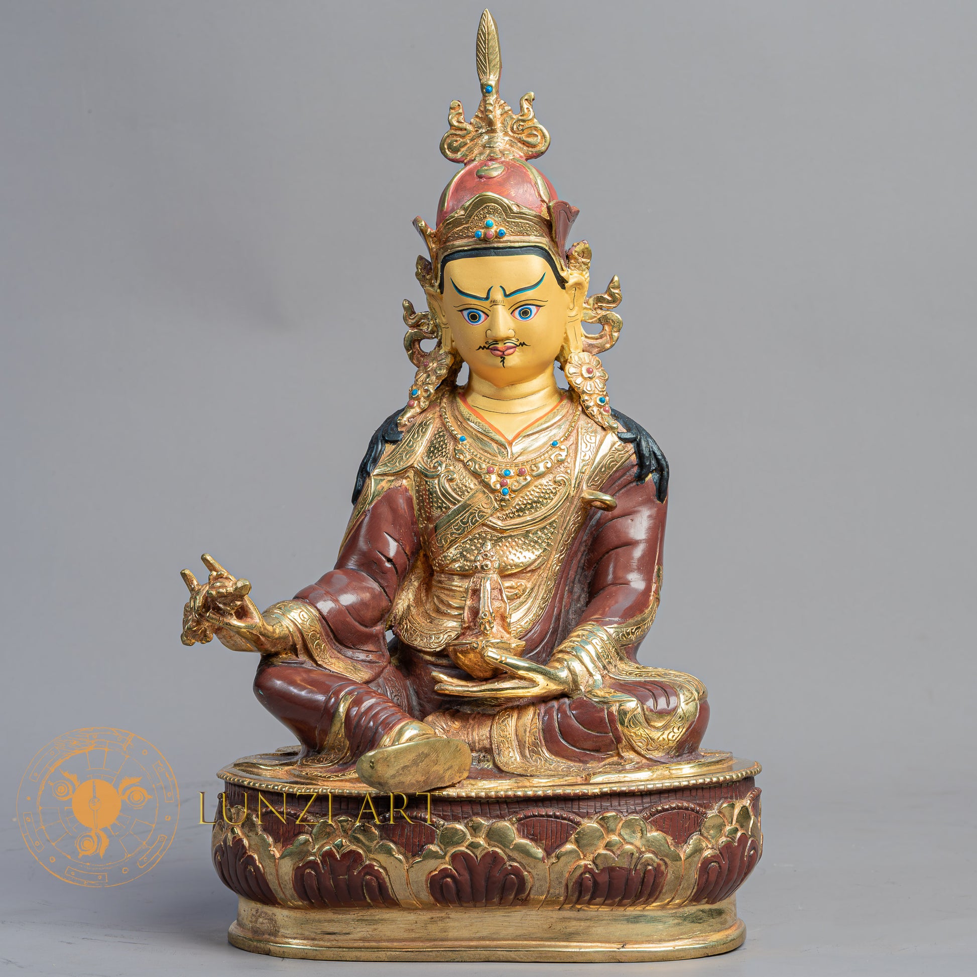 Handmade Guru Rinpoche with Yeshe Tsogyal & Mandarava Statue | Half Gold-Plated Copper - S-B-BA-HG-C-GR-00172
