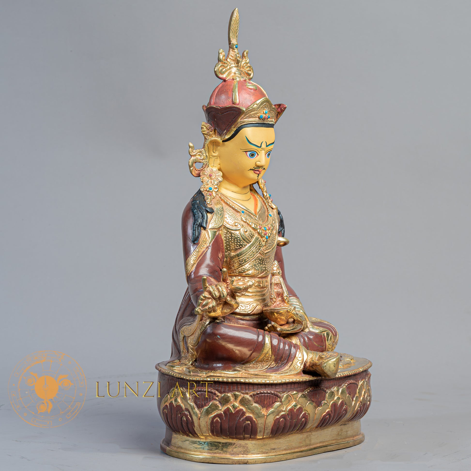 Handmade Guru Rinpoche with Yeshe Tsogyal & Mandarava Statue | Half Gold-Plated Copper - S-B-BA-HG-C-GR-00172