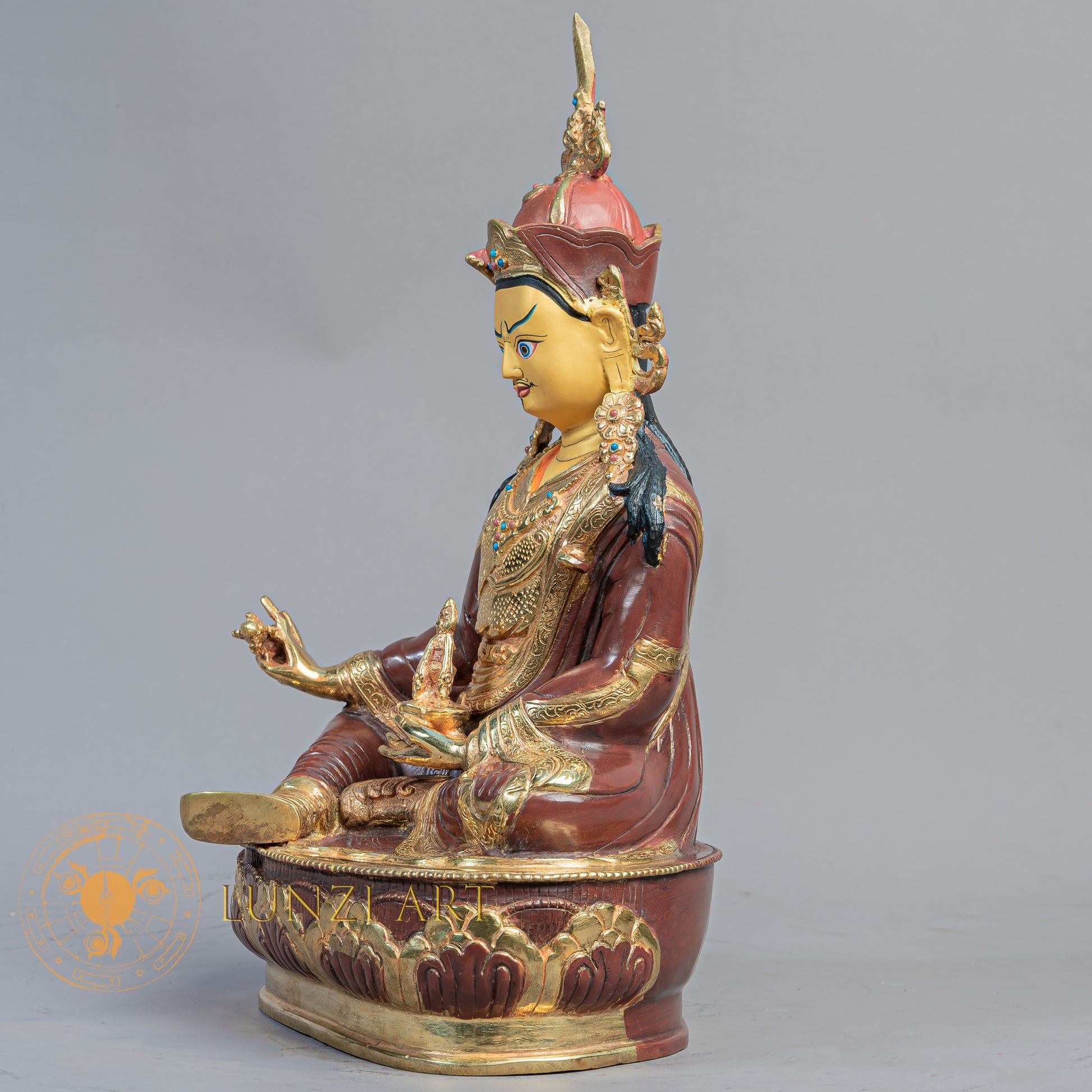 Handmade Guru Rinpoche with Yeshe Tsogyal & Mandarava Statue | Half Gold-Plated Copper - S-B-BA-HG-C-GR-00172