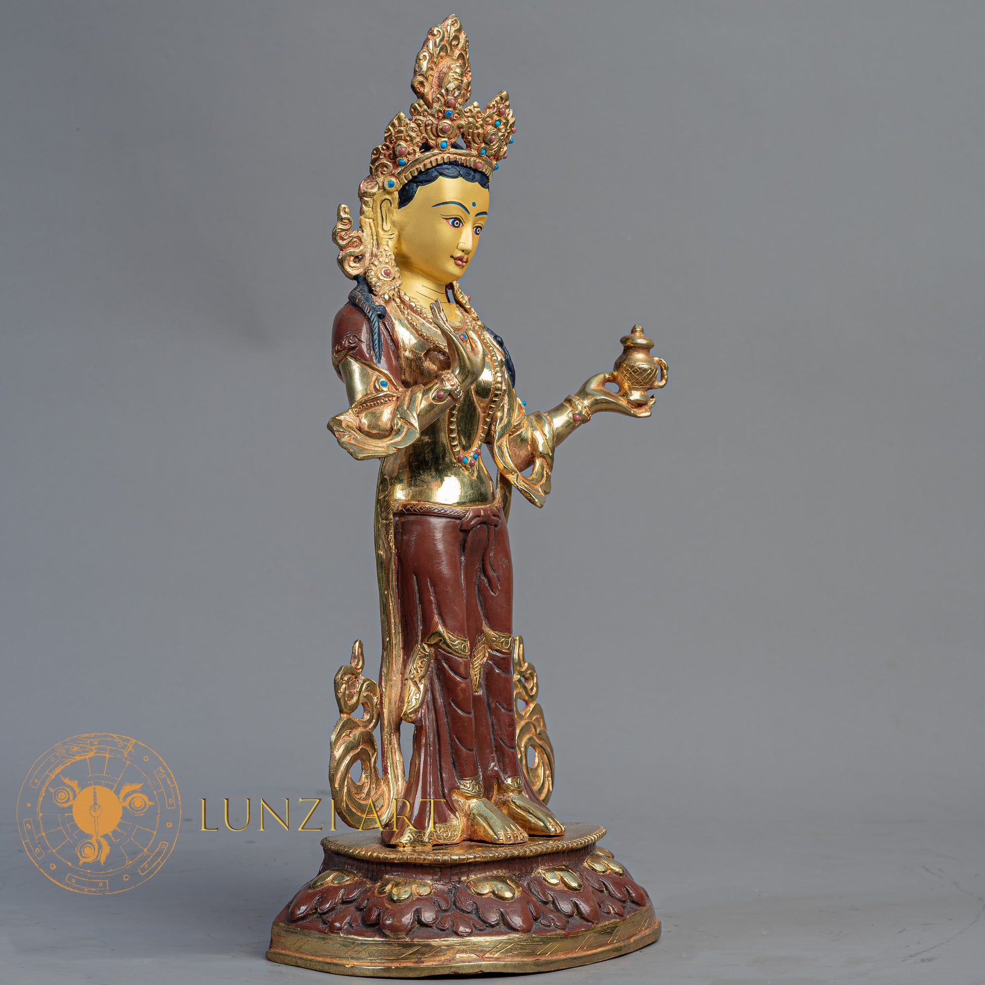 Handmade Guru Rinpoche with Yeshe Tsogyal & Mandarava Statue | Half Gold-Plated Copper - S-B-BA-HG-C-GR-00172