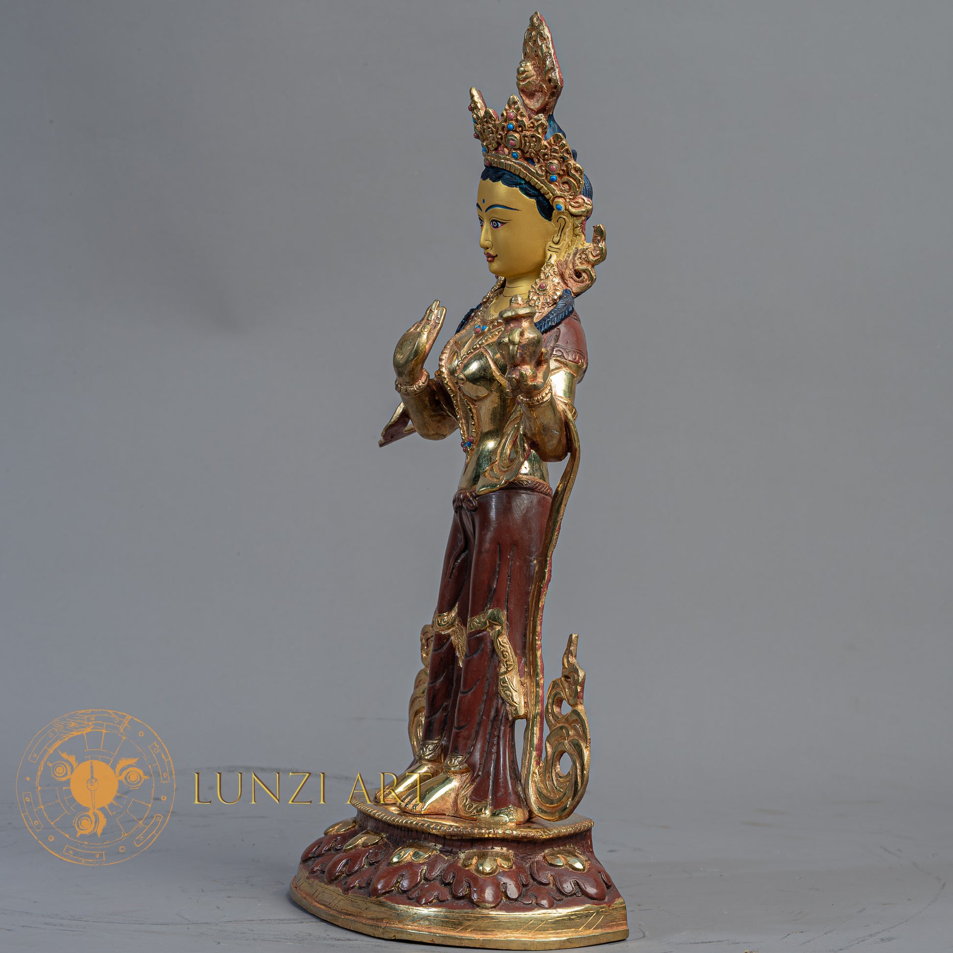 Handmade Guru Rinpoche with Yeshe Tsogyal & Mandarava Statue | Half Gold-Plated Copper - S-B-BA-HG-C-GR-00172