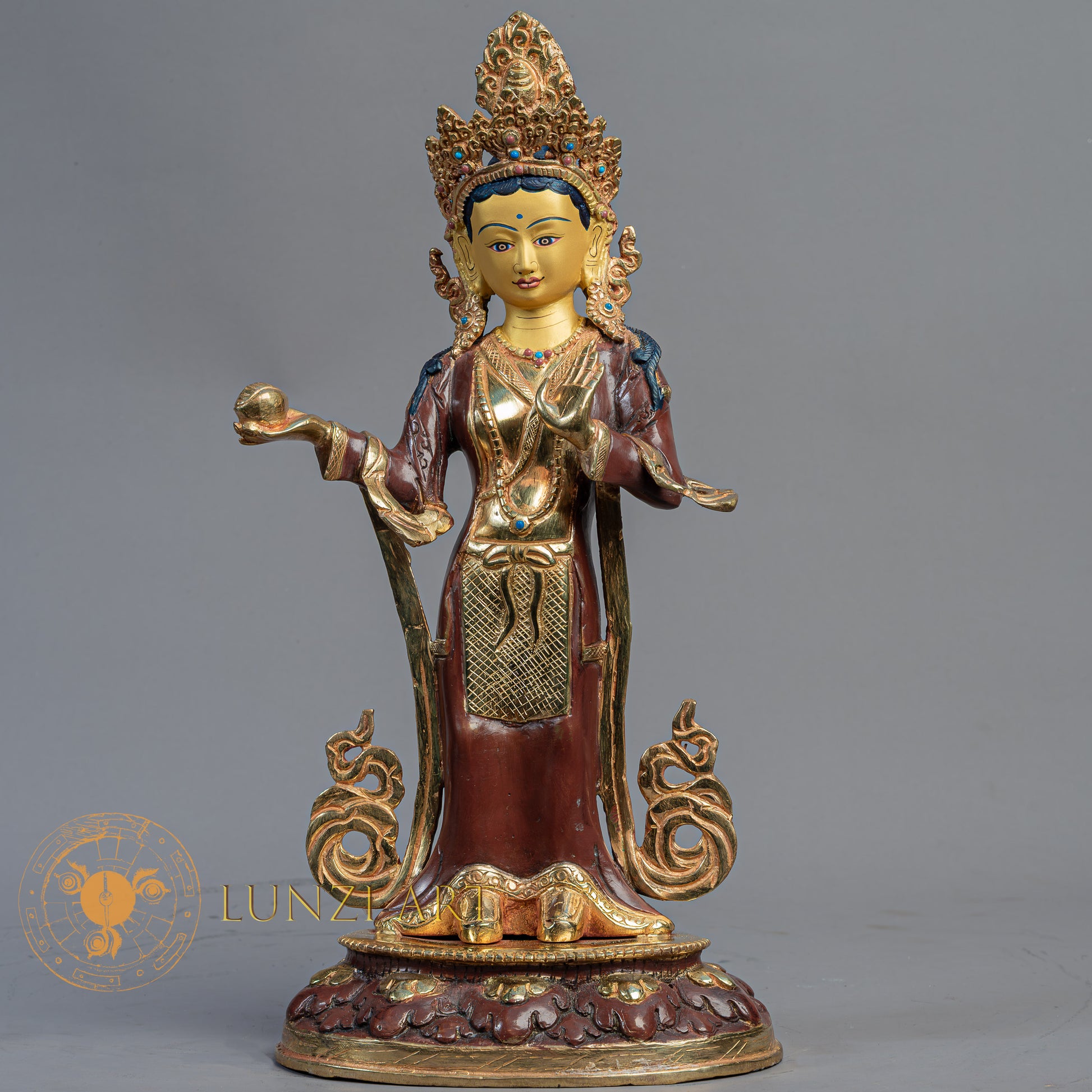 Handmade Guru Rinpoche with Yeshe Tsogyal & Mandarava Statue | Half Gold-Plated Copper - S-B-BA-HG-C-GR-00172