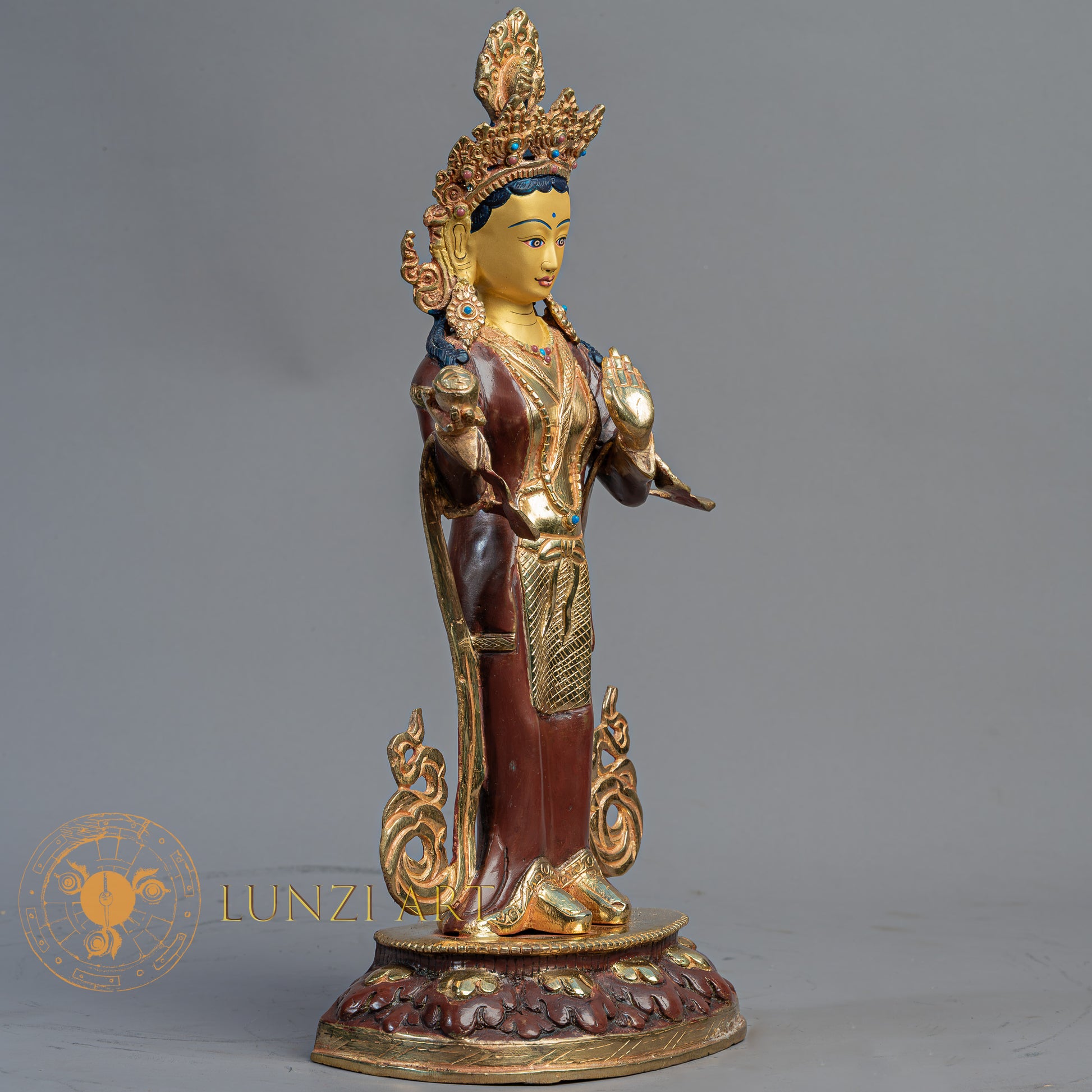 Handmade Guru Rinpoche with Yeshe Tsogyal & Mandarava Statue | Half Gold-Plated Copper - S-B-BA-HG-C-GR-00172