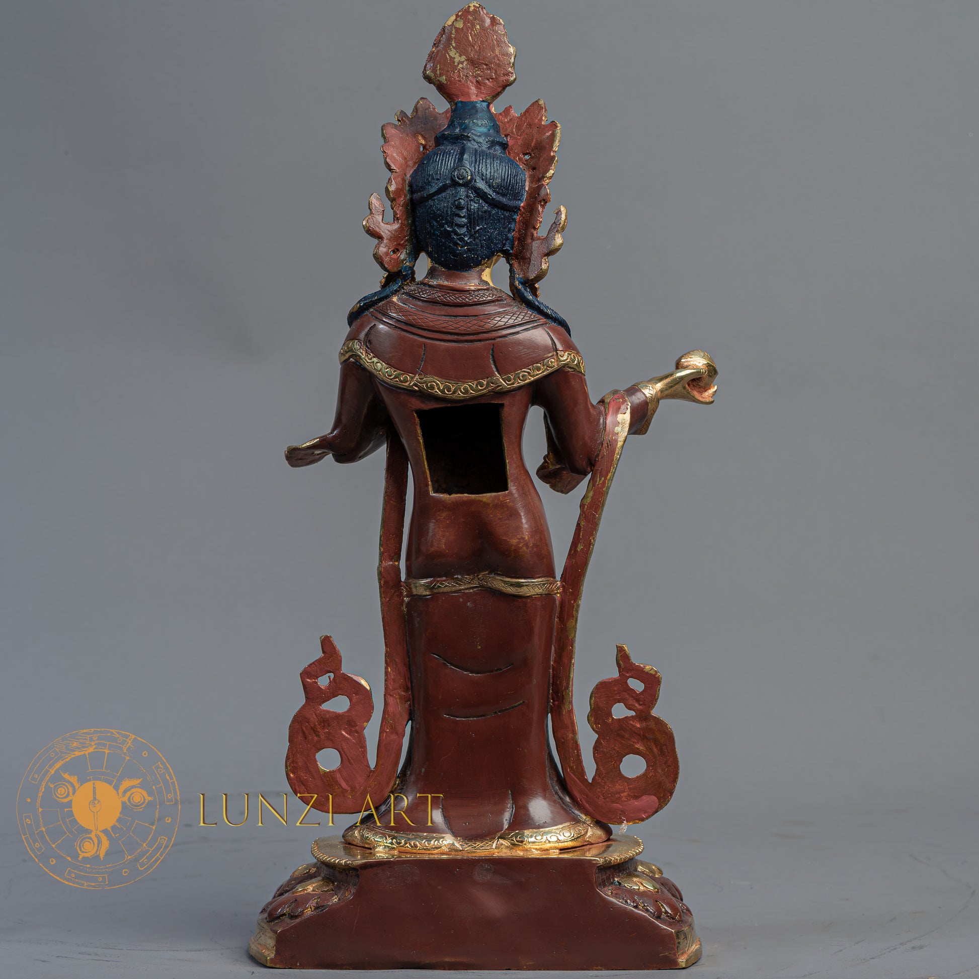 Handmade Guru Rinpoche with Yeshe Tsogyal & Mandarava Statue | Half Gold-Plated Copper - S-B-BA-HG-C-GR-00172