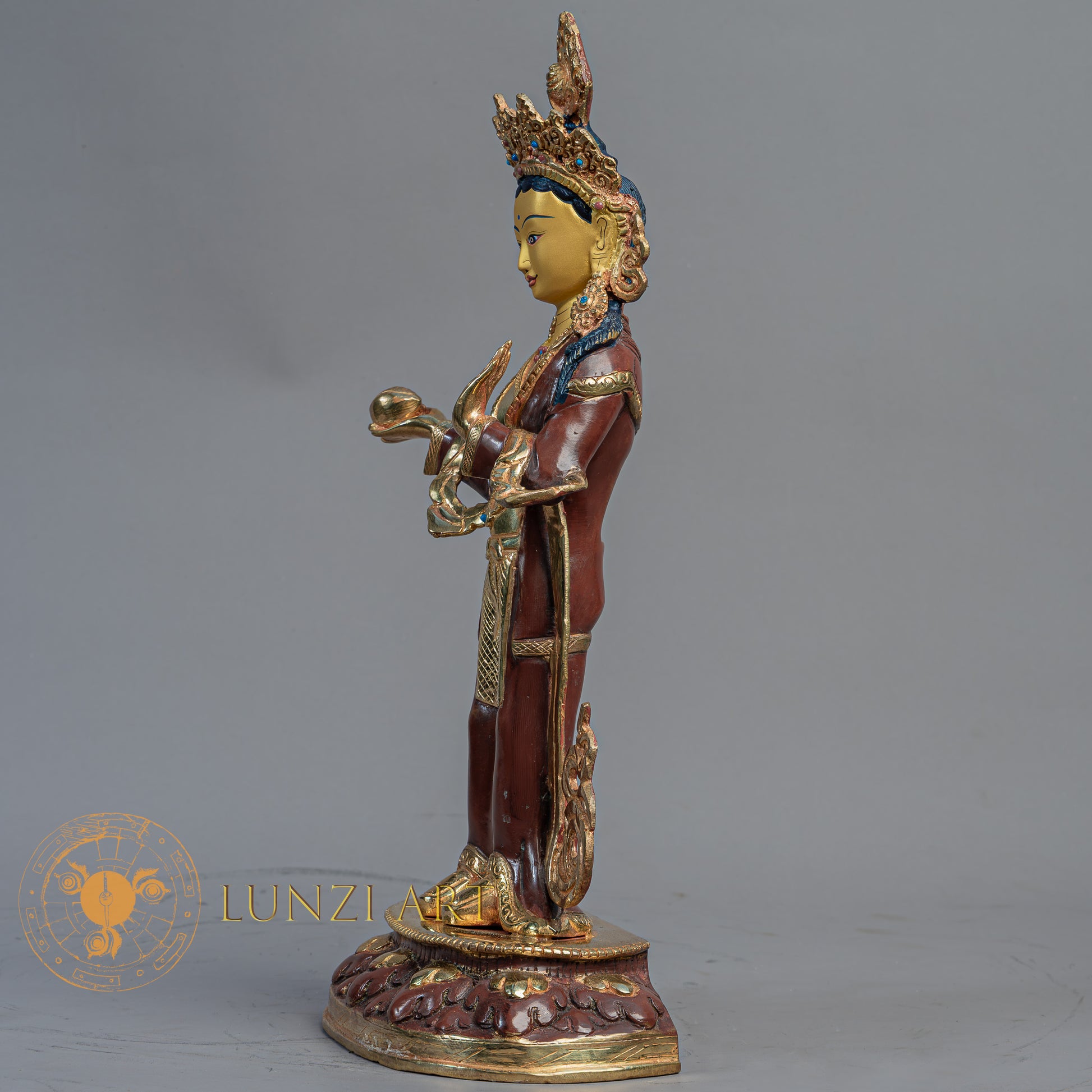 Handmade Guru Rinpoche with Yeshe Tsogyal & Mandarava Statue | Half Gold-Plated Copper - S-B-BA-HG-C-GR-00172