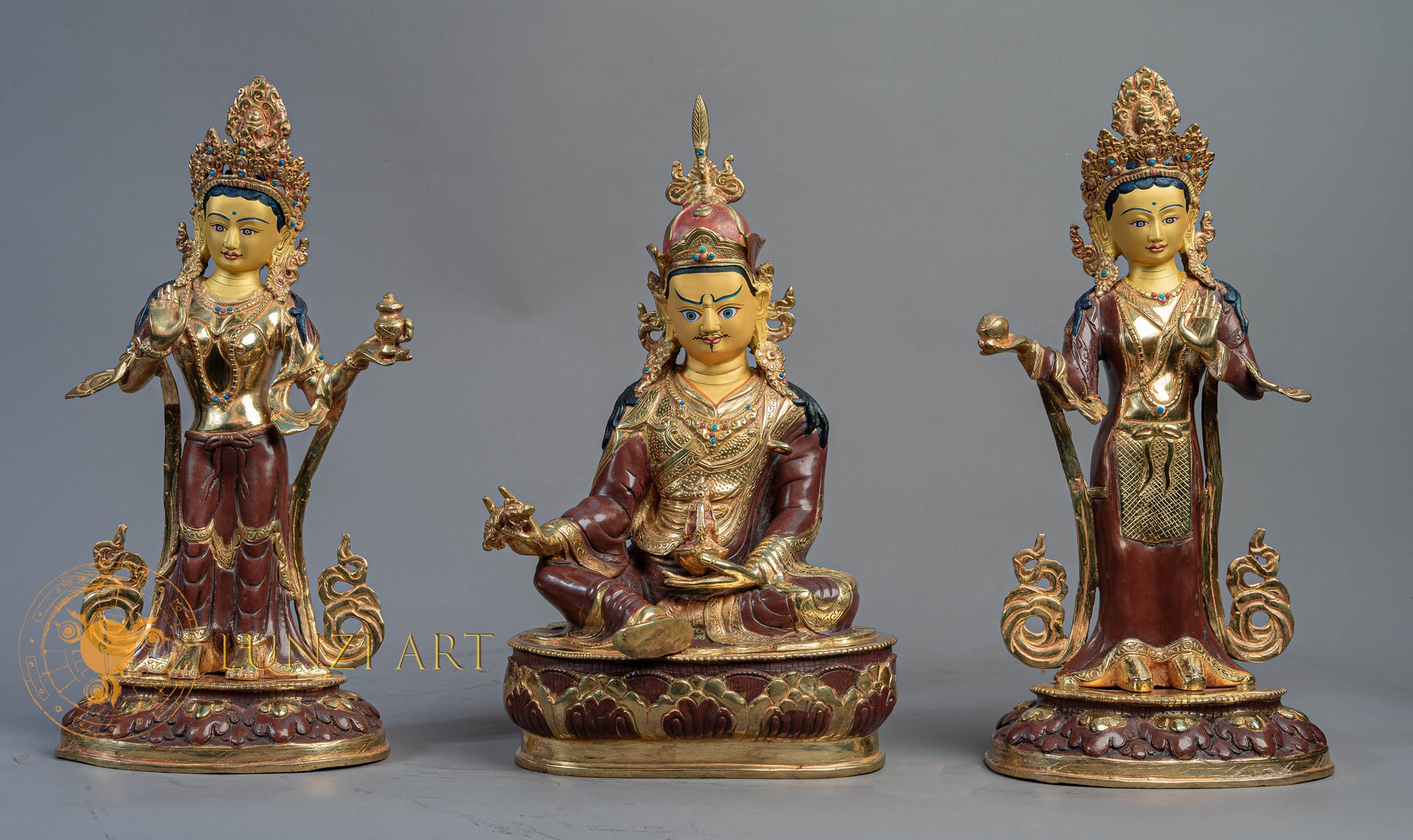 Handmade Guru Rinpoche with Yeshe Tsogyal & Mandarava Statue | Half Gold-Plated Copper - S-B-BA-HG-C-GR-00172