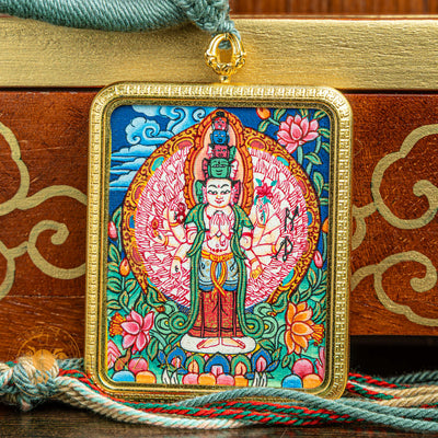Handpainted Thousand Armed Avalokiteshvara Miniature Thangka Pendant