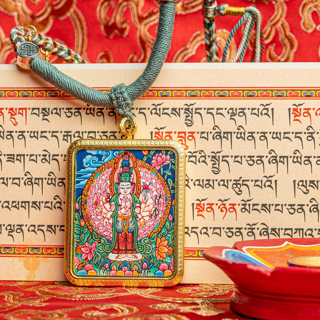 Handpainted Thousand Armed Avalokiteshvara Miniature Thangka Pendant