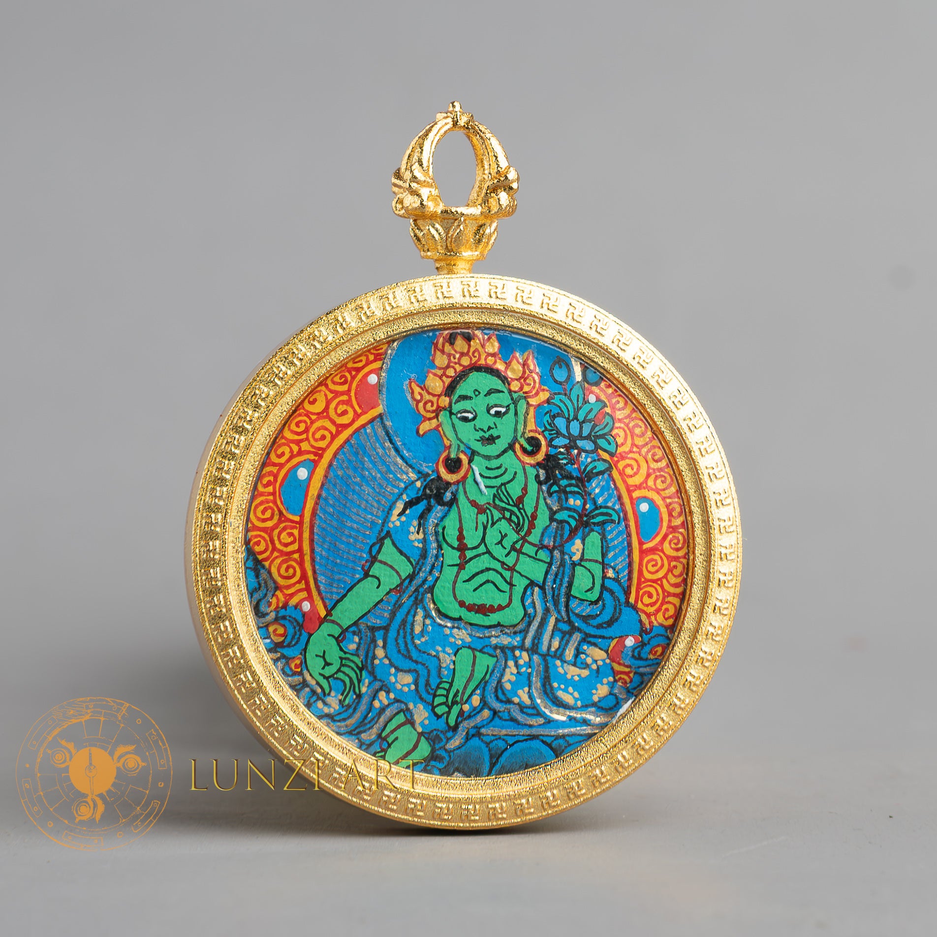 Hand-Painted Green Tara Locket (Ghau) Thangka - L-GT-55