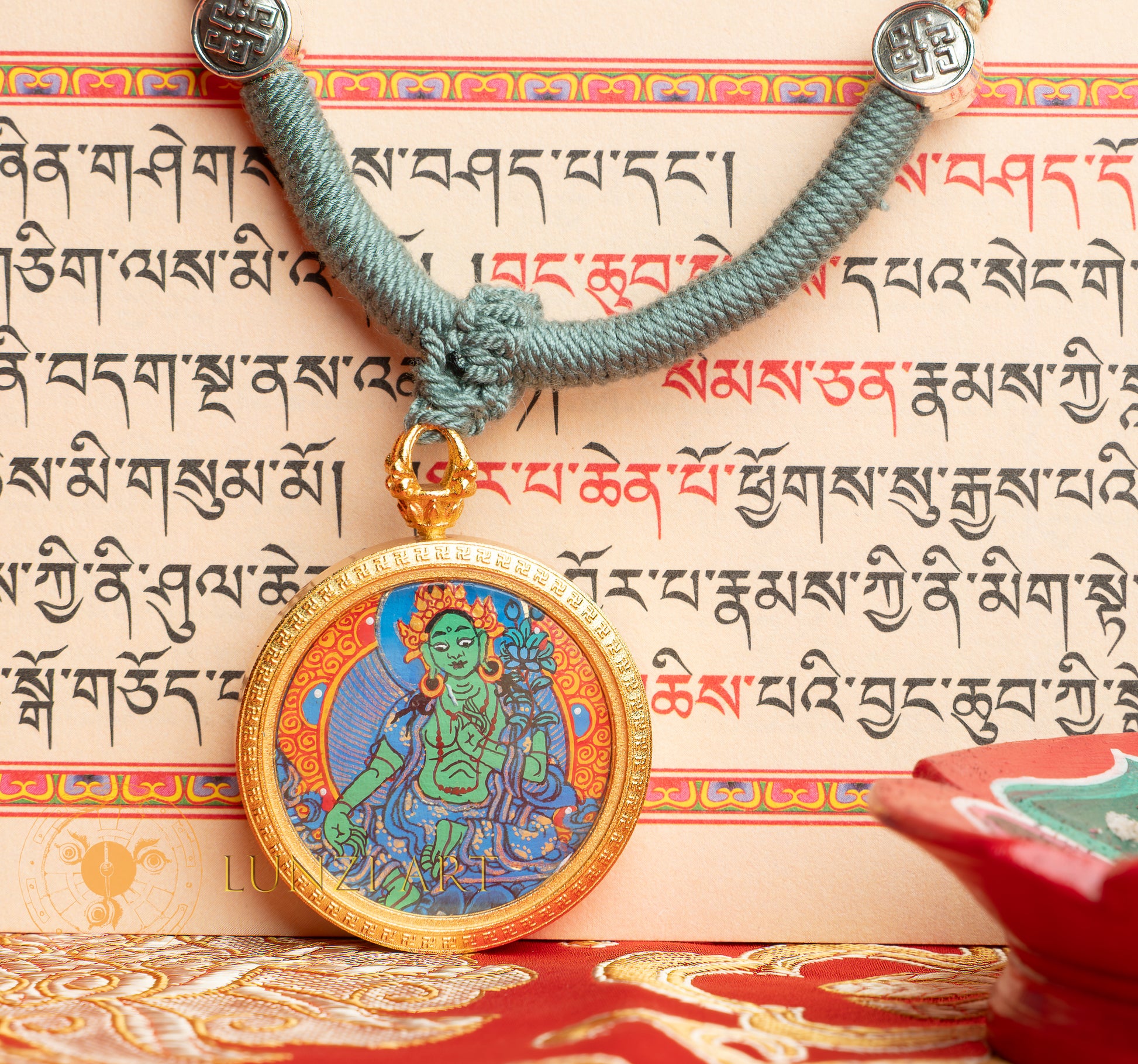 Hand-Painted Green Tara Locket (Ghau) Thangka - L-GT-55