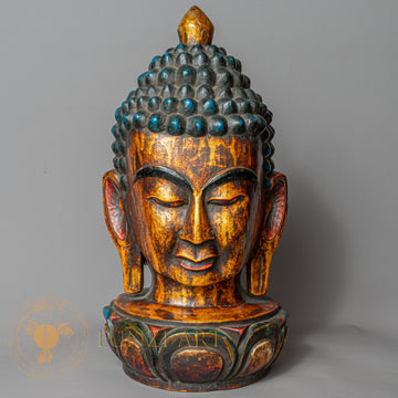 Hand-Carved Wooden Shakyamuni Buddha Head Statue | Antique Style Gold Bust