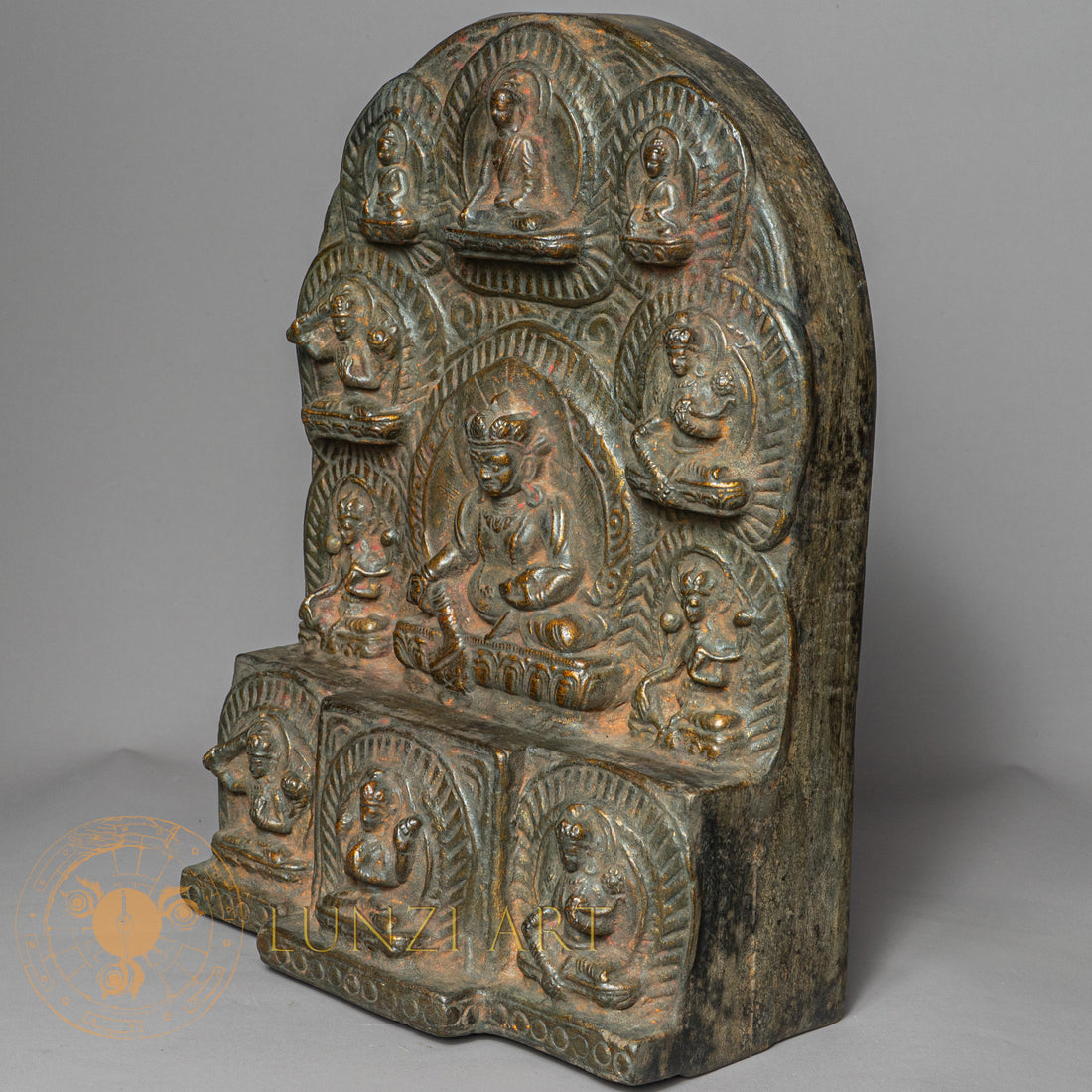 Jambhala Temple Altar | Hand-Carved Wood & Clay Multi-Deity Relief