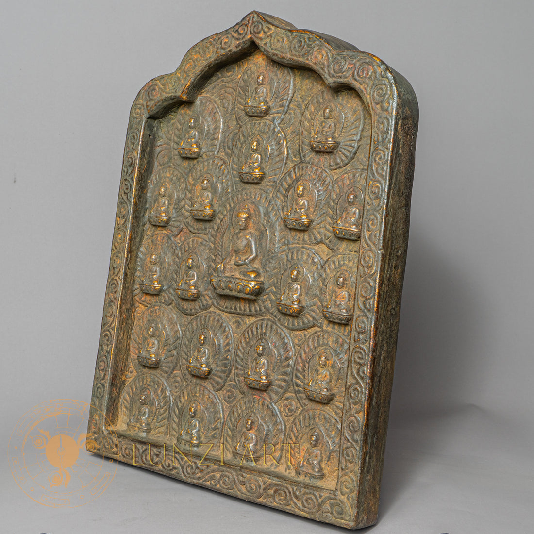 21 Buddhas Temple Altar | Hand-Carved Wood & Clay Relief Plaque