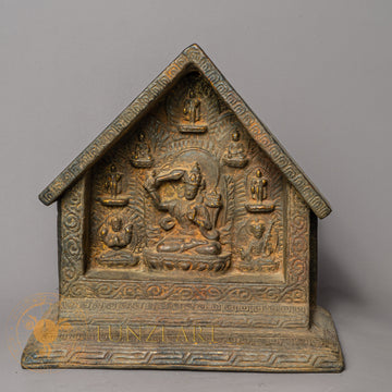 Handcrafted Manjushree Altar – Wooden Shrine with Gold-Gilded Clay Relief